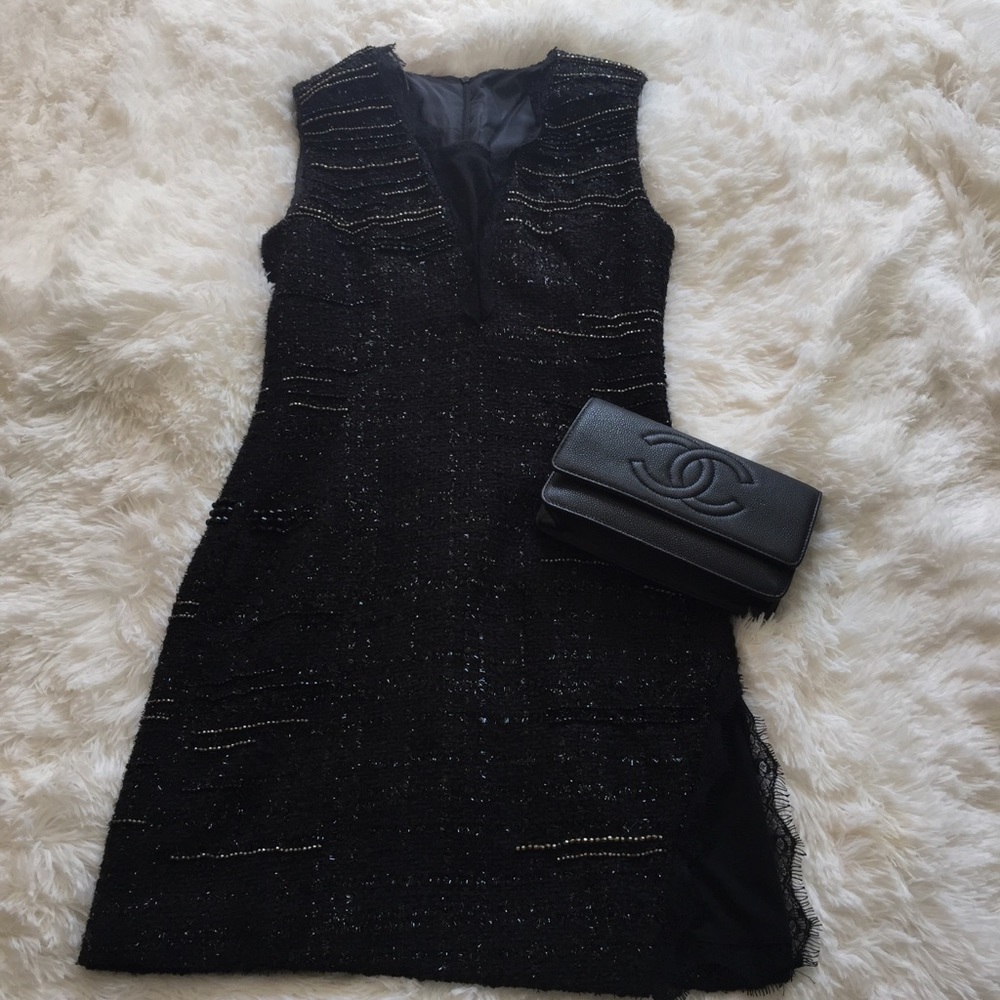 Custom made tweed mini dress black beaded XS